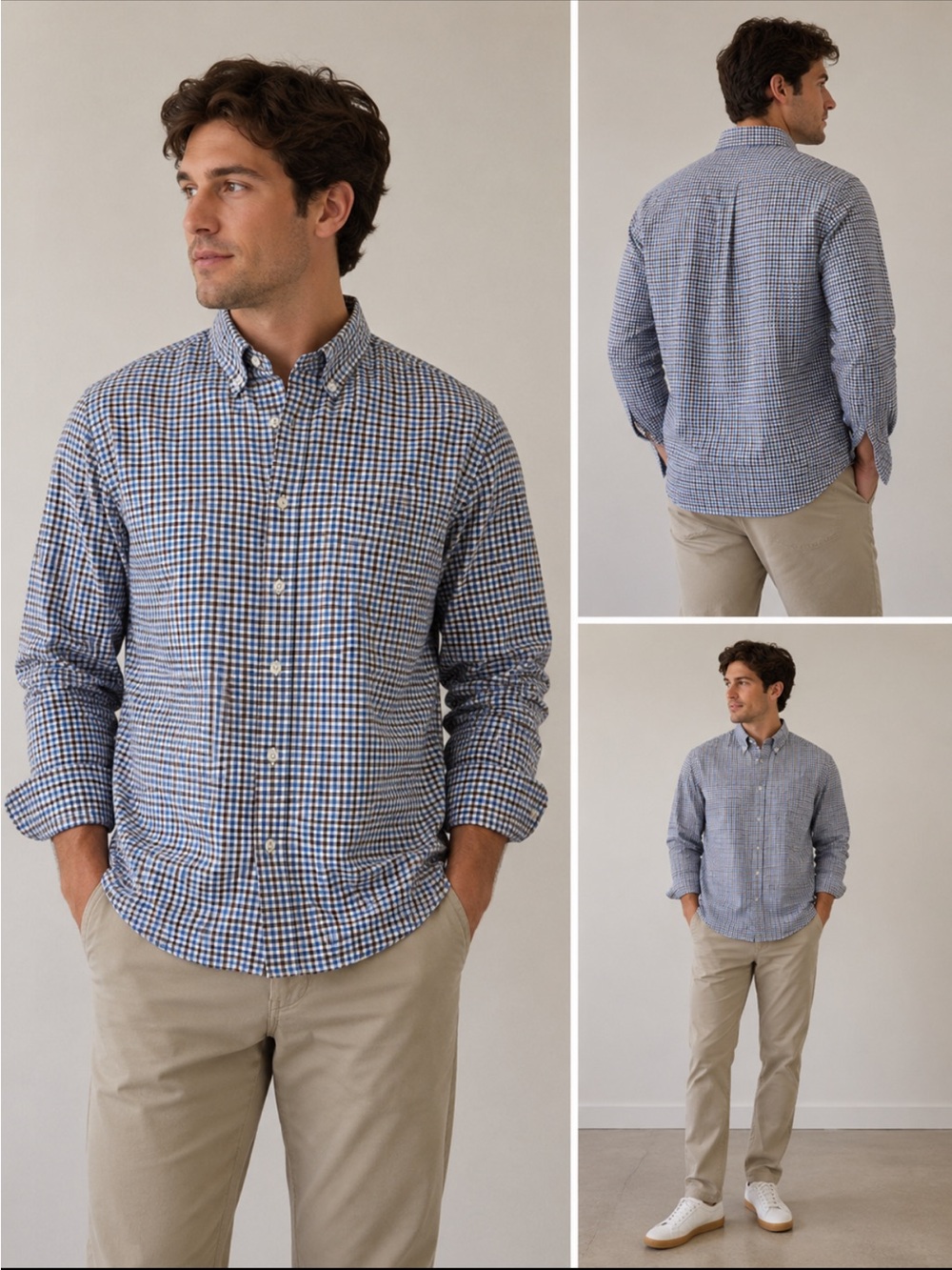 J. McLaughlin Blue and Brown Gingham Button-Down Shirt M